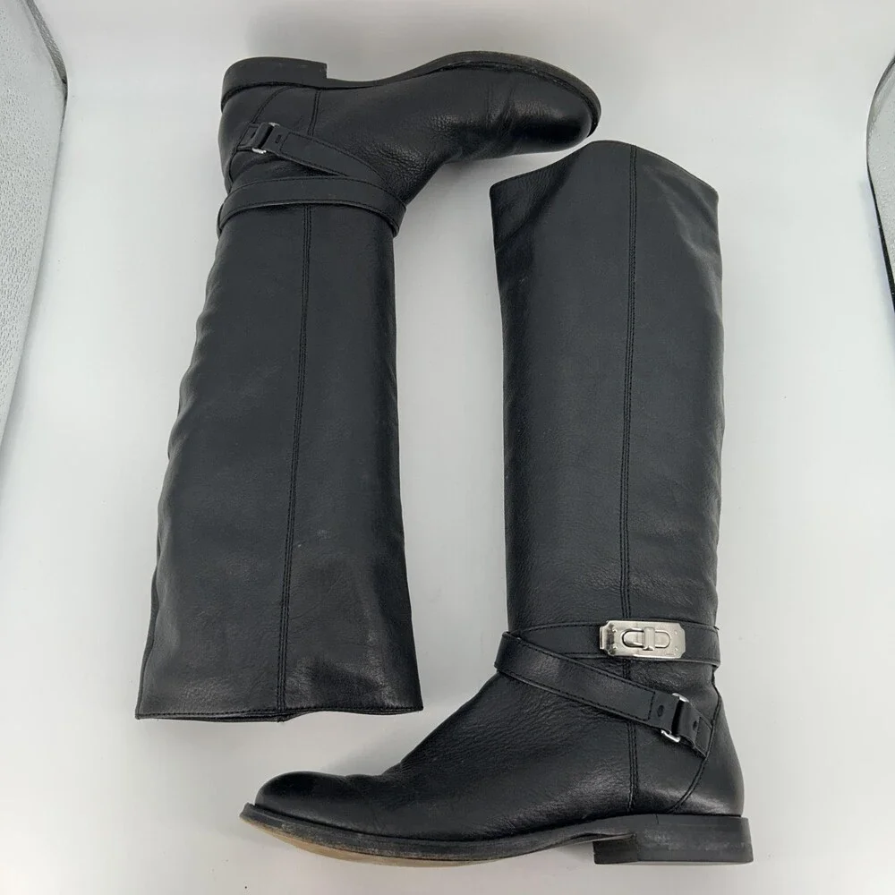 Coach Boots Womens Size 6.5 Christine Black Leather Riding Knee High Buckle